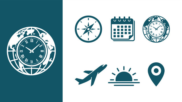 Travel and time zone flat icons set with globe clock, compass, calendar, airplane, sunrise, and map pin locator. Flat vector illustration EPS 10.