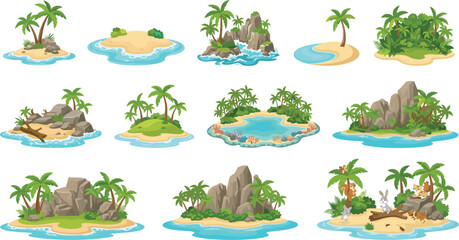 Tropical island cartoon vector illustration collection palm trees sand beach ocean wildlife elements isolated on white © MdNipon