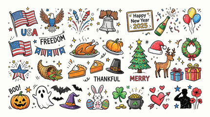 Fototapeta premium Hand drawn festive doodle collection of seasonal holiday symbols and icons set