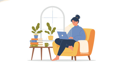 Fototapeta premium Young woman working on her laptop while sitting comfortably in a yellow armchair next to a window in her room.