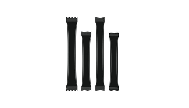 Set of four black stick pack coffee or sugar sachets arranged vertically on a solid white background template.