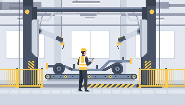 Industrial engineer monitoring an automated car assembly line with robotic arms inside a modern factory.