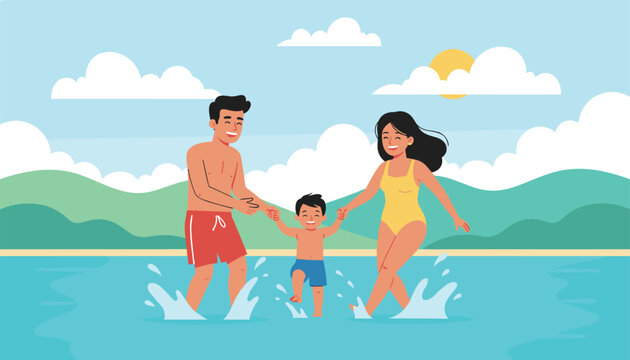 Cheerful family of three wearing swimsuits while holding hands and splashing in the ocean on a sunny day.