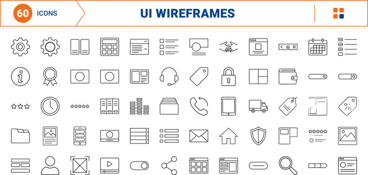 Wireframe line icon set. Vector pictograms of skeleton, screen, layout, and placeholder elements, thin linear illustration.
