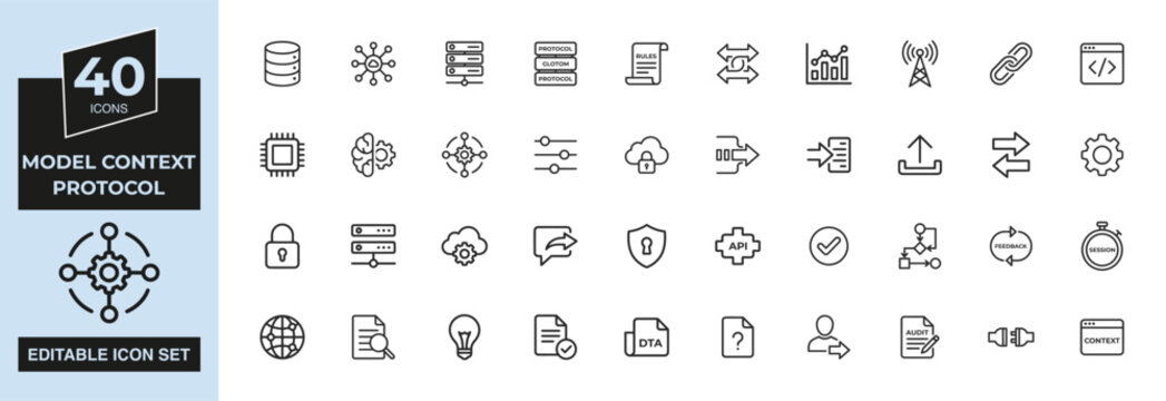 Model Context Protocol editable line icons for MCP server, tool calling, api integration and ai agents