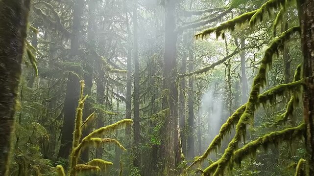 Sunlight rays pierce through misty temperate rainforest canopy with lush mossy evergreen trees.