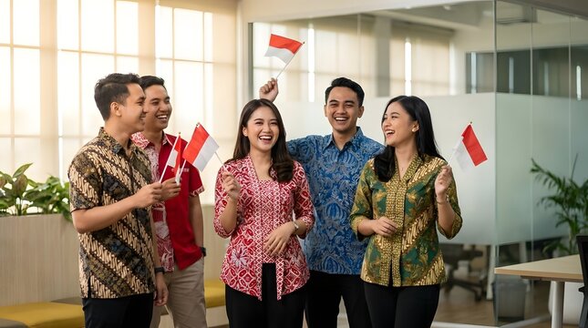 Indonesian colleagues in batik holding flags in office.
