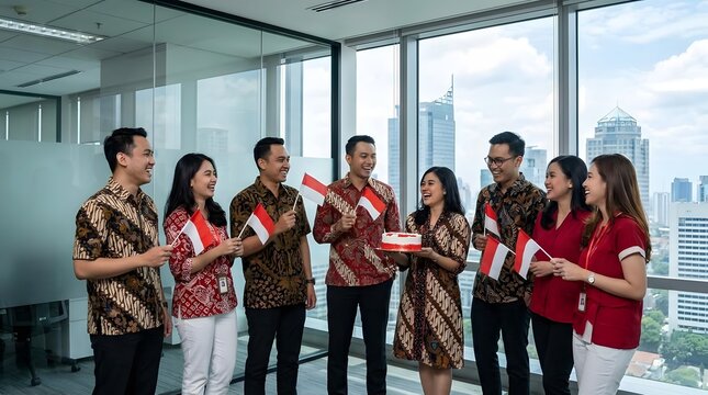 Indonesian colleagues in batik holding flags and celebration cake.
