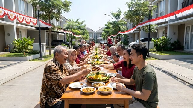 Indonesian families dining outdoors with Independence Day decorations.