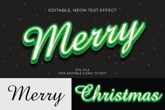 Glowing green neon Merry Christmas calligraphy 3D editable text effect vector illustration
