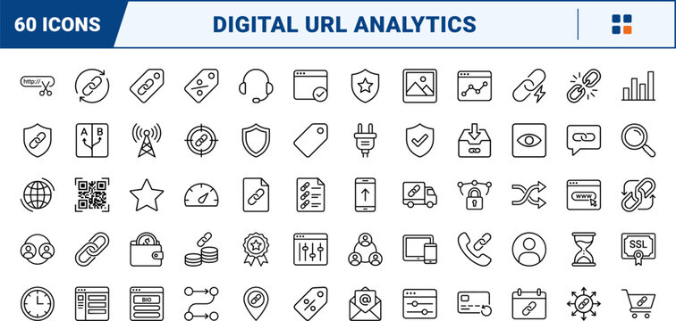 URL shortener line icon set. Vector pictograms of link, analytics, campaign, and interface elements, thin linear illustration.