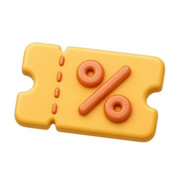 Yellow coupon with 3D orange percent symbol and perforations, isolated on black background, representing discounts