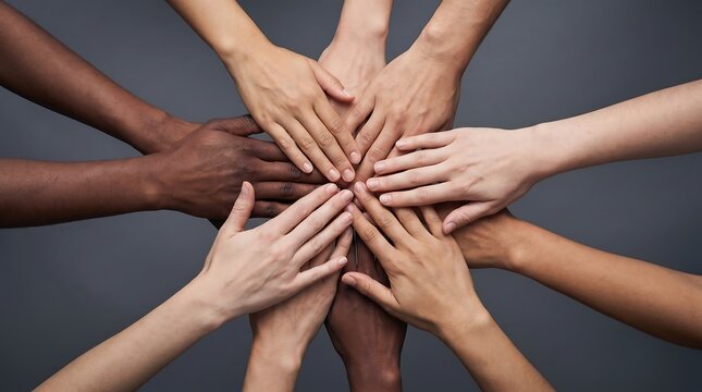 Diverse hands stacked together as a symbol of global unity with diversity equality togetherness inclusion collaboration teamwork connection