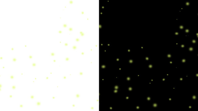 Golden glowing fireflies floating through dark woodland, realistic luminous insect particles with magical sparkle, transparent PNG overlay for enchanted forests, fantasy artwork.