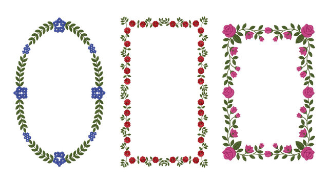 Floral frame set with roses and leaves. Decorative botanical borders on transparent background.