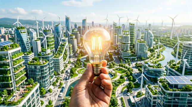 Hand holding a lightbulb in front of a futuristic sustainable and green tech city skyline concept