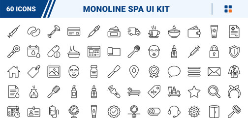 Fototapeta premium Medical spa website kit line icon set. Vector pictograms of aesthetic, clinic, skincare, and laser elements, thin linear illustration.