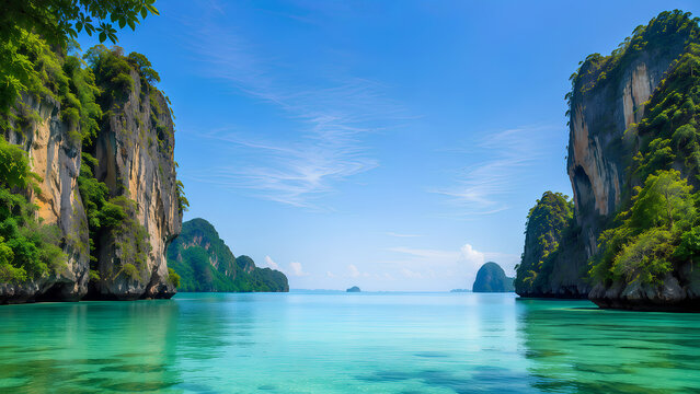 Beautiful tropical bay with crystal clear turquoise water and majestic limestone cliffs
