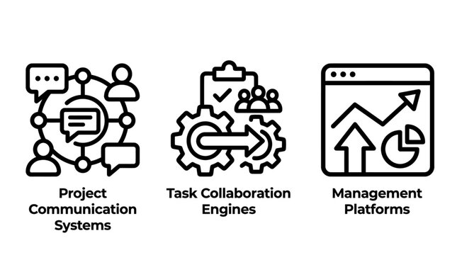 Enterprise management icons set representing project communication collaborative task engines analytics platforms with management communication collaboration analytics business platform workflow