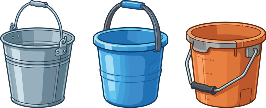 Industrial metal and plastic bucket vector illustration set household pails water containers isolated on white background