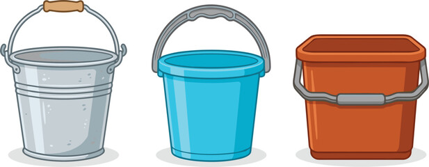 Metal and plastic bucket vector illustration collection round square pails container icons isolated on white background © MdNipon