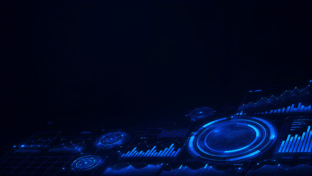 Abstract blue digital technology data dashboard hud interface with graphs and world map background