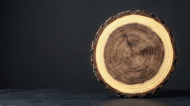 Tree trunk cross section with outer rings glowing gold on dark surface, generational growth and wealth legacy concept art horizontal with copy space
