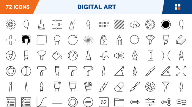 Digital art software line icon set. Vector pictograms of graphic design, creative tools, drawing interface, and artist equipment elements, thin linear illustration.