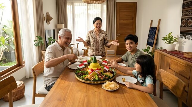 Indonesian family eating traditional tumpeng rice at home.