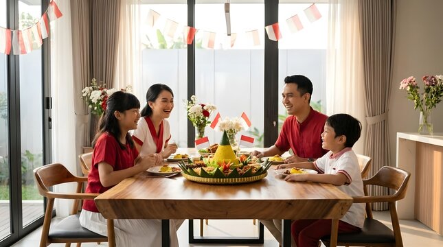 Indonesian family eating tumpeng rice for holiday celebration.
