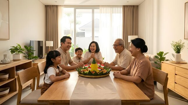 Indonesian family gathering around table with traditional feast.