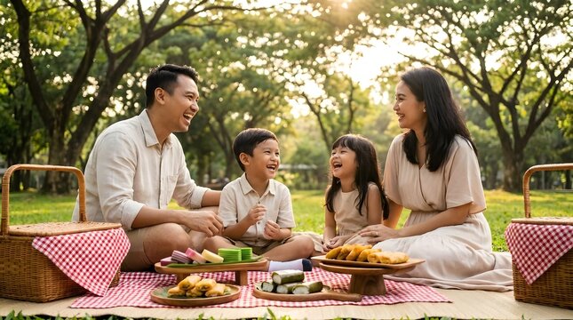 Indonesian family enjoying picnic on checkered cloth in park.