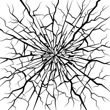 Shattered glass crack pattern isolated on white, radial impact fracture bursting from center point, black vector silhouette texture design.