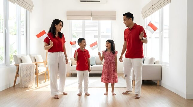 Indonesian family holding national flags in bright living room.