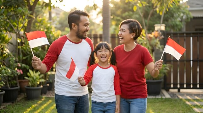 Indonesian family holding flags in sunlit garden celebration.