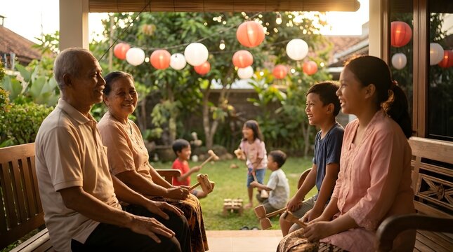 Indonesian family relaxing on porch with festive bunting decor.