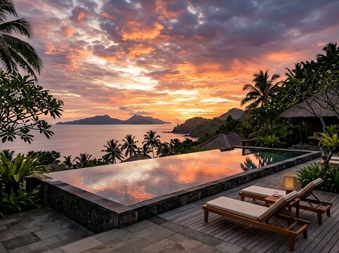 Luxury infinity pool with stunning ocean and island views at sunset, tropical resort paradise.