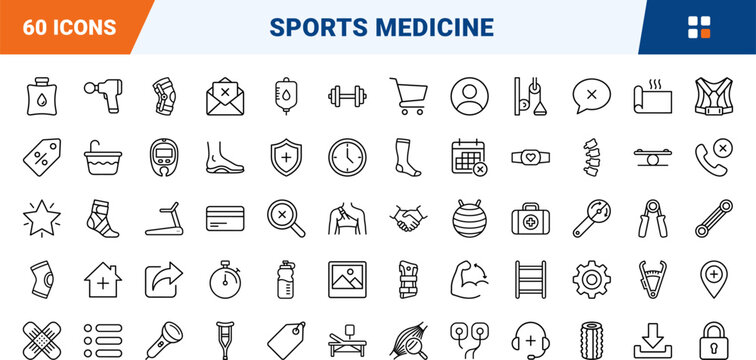 Sports medicine website kit art line icon set. Vector pictograms of physical, therapy, athletic, and recovery elements, thin linear illustration.