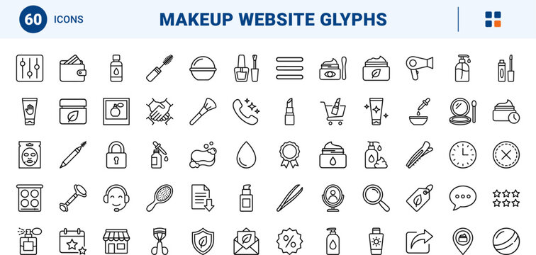 Beauty line icon set. Vector pictograms of cosmetics, makeup, skincare, and lipstick elements, thin linear illustration.