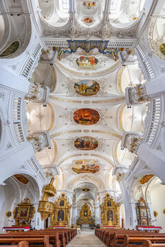 A look-up of f the Disentis Abbey church St. Martin in the Swiss Alps village Disentis-Muster in Canton Grisons. It is one of the oldest (founded in ca. 720) monastery in Switzerland.