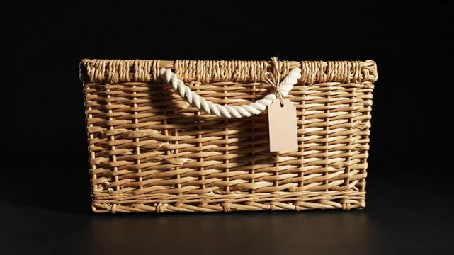Woven basket with rope handle and blank tag against a dark background, ready for use or presentation