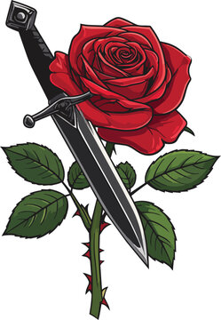Vintage traditional tattoo style vector illustration of a sharp steel dagger pierced through a vibrant red rose with thorny green stem and leaves.