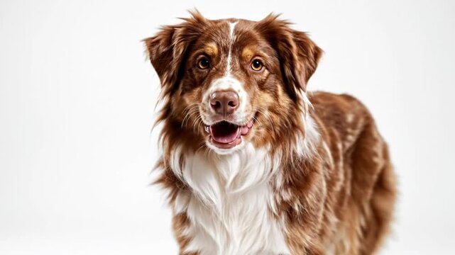 Happy Australian shepherd dog looking directly at the camera, wearing white and brown fur, set against a plain white background