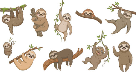 Fototapeta premium Cute sloth cartoon characters collection vector illustration set climbing hanging branches isolated on white art background