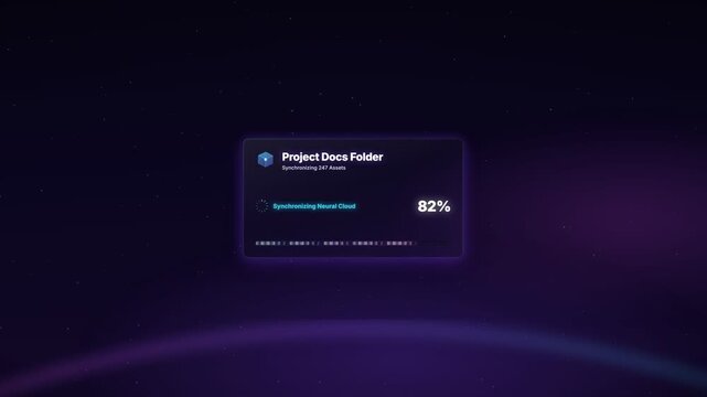 A modern dark-mode user interface animation featuring a futuristic cloud data synchronization process