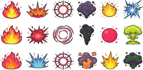 Comic Explosion and Fire Vector Icon Set Featuring Boom, Blast, Flame, and Smoke Cloud Symbols for Cartoons, Animations, Games, and Graphic Designs © MdSirazul