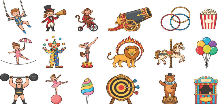 Circus and Carnival Vector Illustration Set Featuring Clowns, Acrobats, Trained Animals, Performers, Rides, and Snacks for Kids Birthday Parties and Event Branding Designs