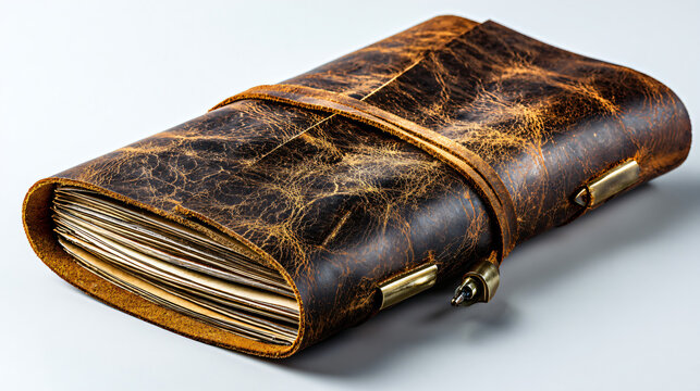 travel and adventure, Rustic brown leather journal with wrap tie closure isolated on transparent background