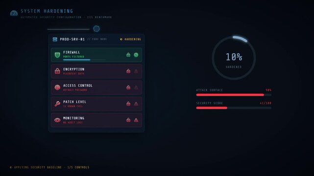 System hardening cybersecurity dashboard with circular progress gauge reaching completion
