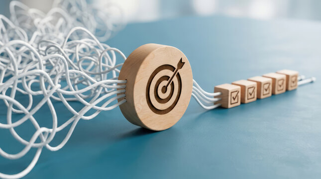 Tangled Line Transforming into Straight Checked Paths Through Wooden Target Block Representing Organizing Chaos into Clear Business Goals and Action Plans